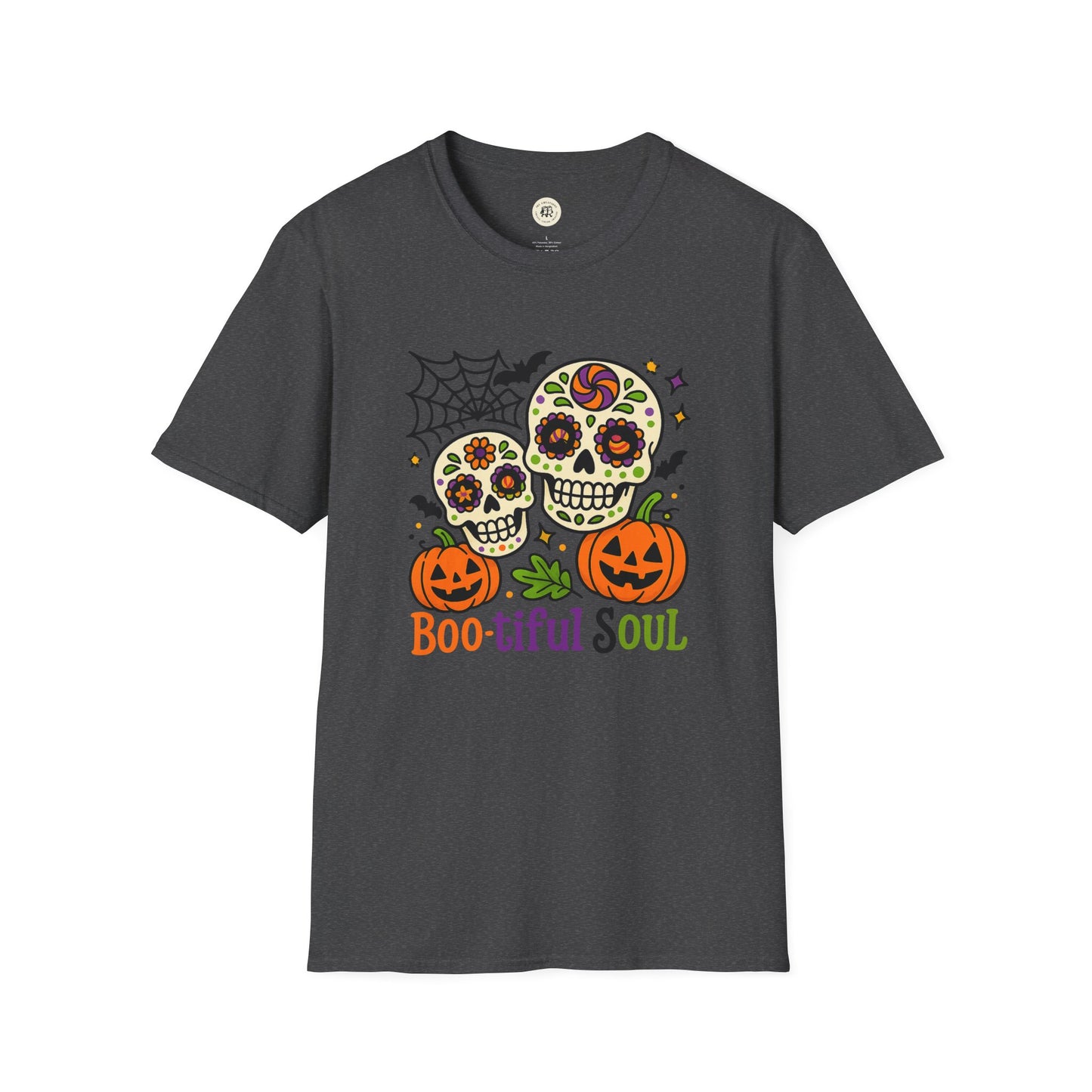 Printify dark gray t-shirt with colorful sugar skulls pumpkins spider web and boo-tiful soul halloween t-shirt design