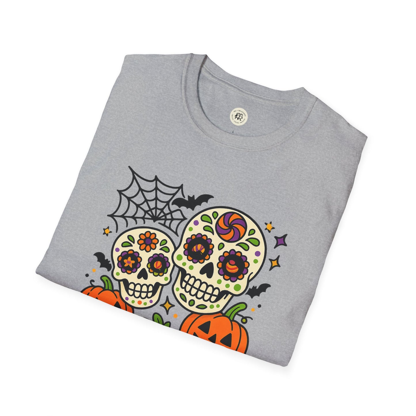 Printify grey folded t-shirt with colorful sugar skulls pumpkins bats and spiderweb boo-tiful soul halloween t-shirt