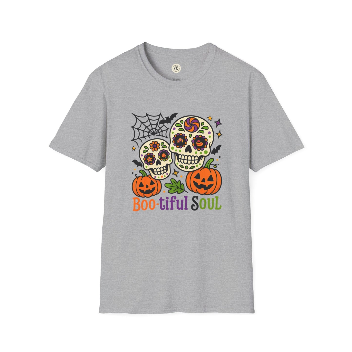 Printify gray t shirt with colorful sugar skulls pumpkins spiderweb and Boo tiful Soul graphic boo-tiful soul halloween t-shirt