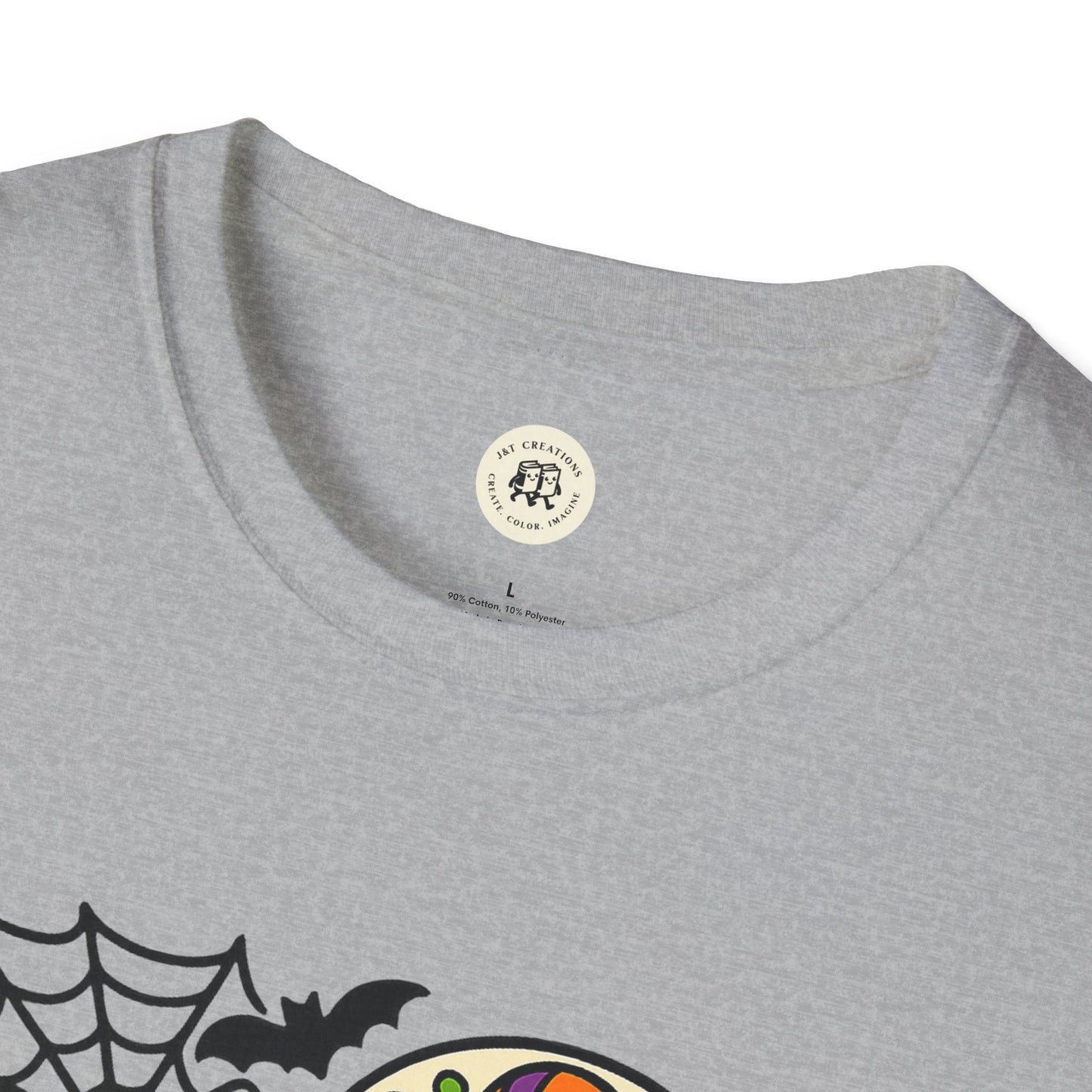 Printify gray crew neck t shirt showing spooky graphic with spiderweb bat and colorful skull circle boo-tiful soul halloween t-shirt