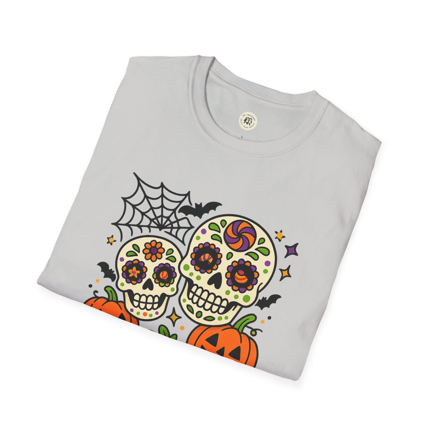 Printify t shirt folded light gray with colorful sugar skulls pumpkins spider web bats design boo-tiful soul halloween t-shirt