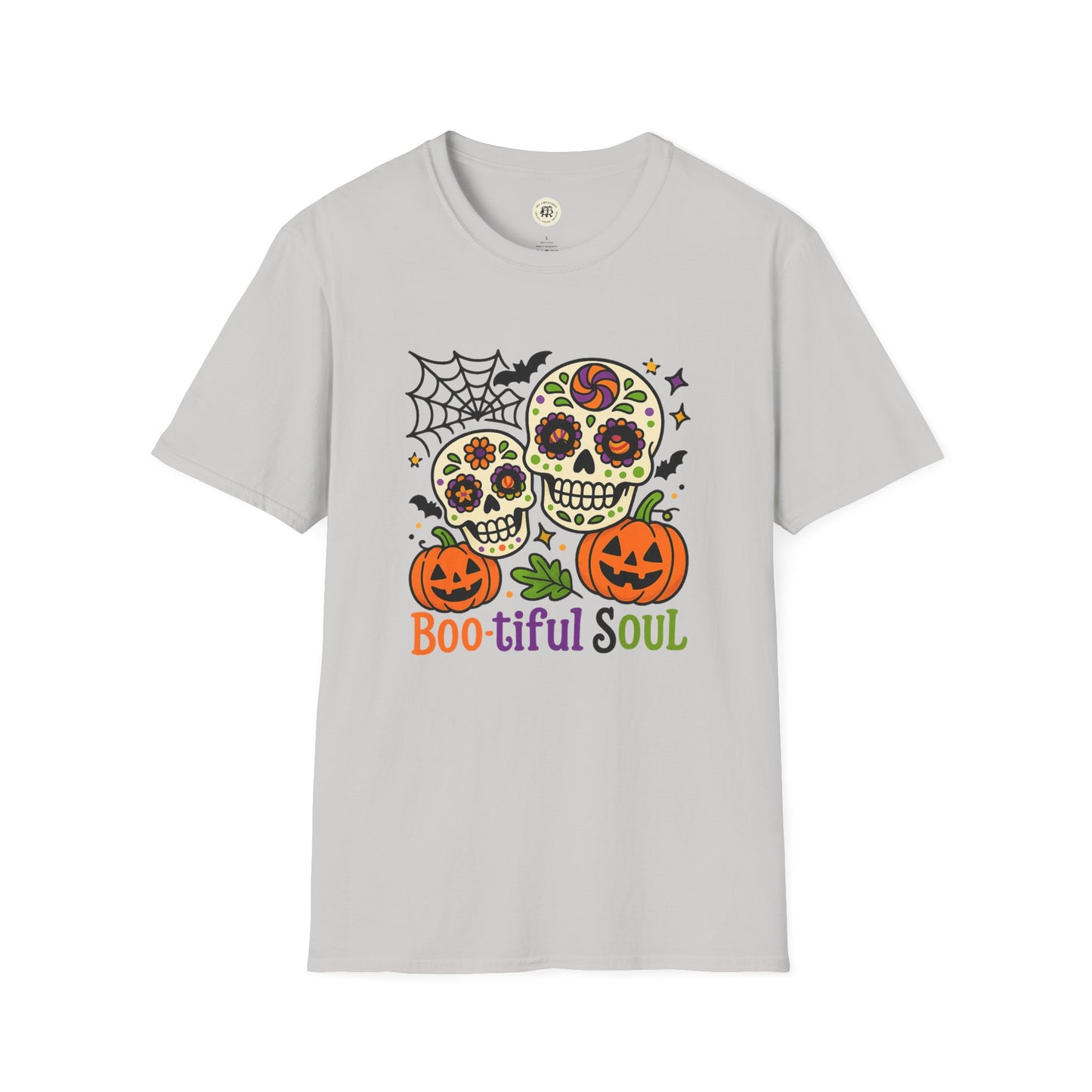 Light gray T-shirt featuring two colorful sugar skulls pumpkins spiderweb and text boo-tiful soul halloween t-shirt