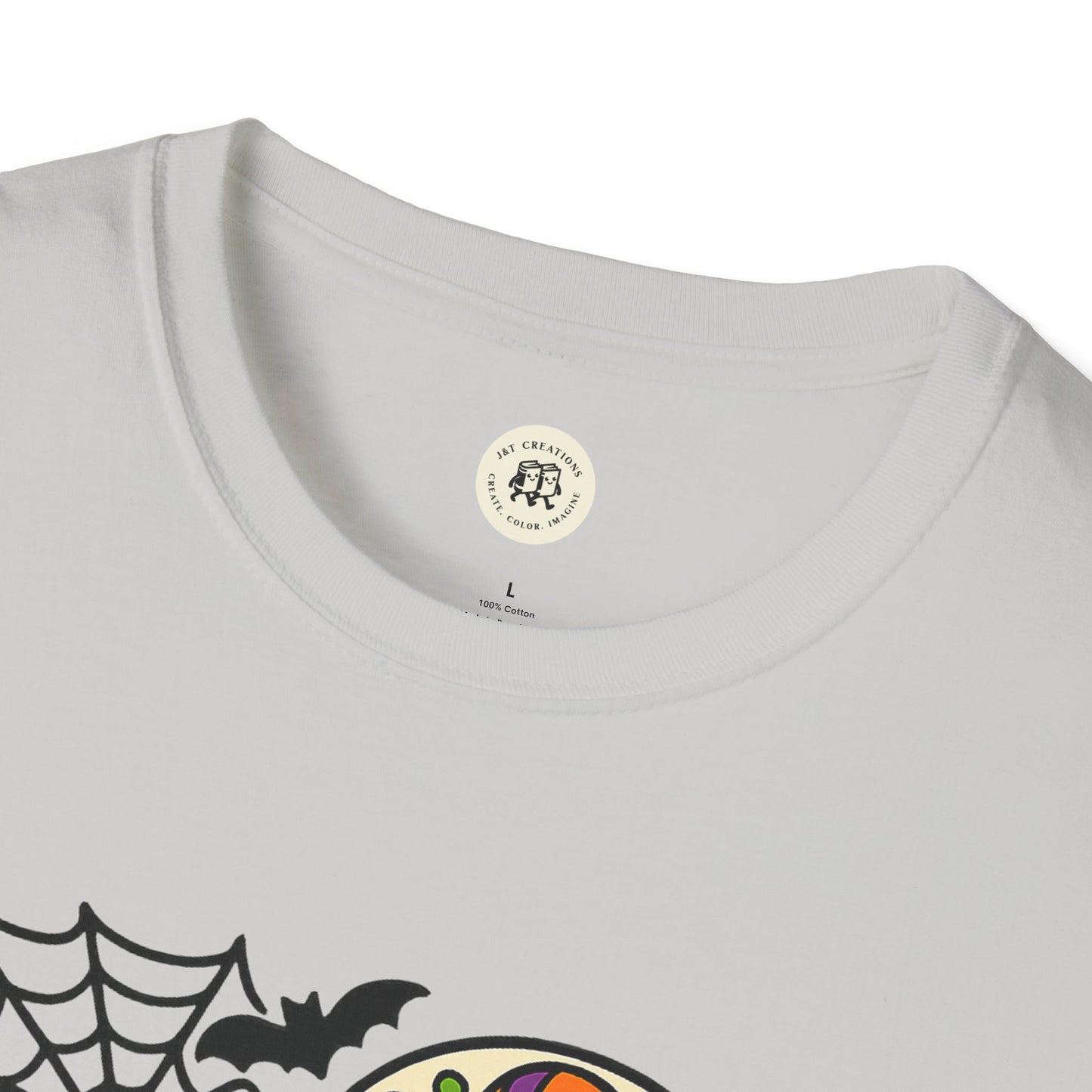 Printify white crewneck t-shirt with colorful skull bat and spiderweb design boo-tiful soul halloween t-shirt