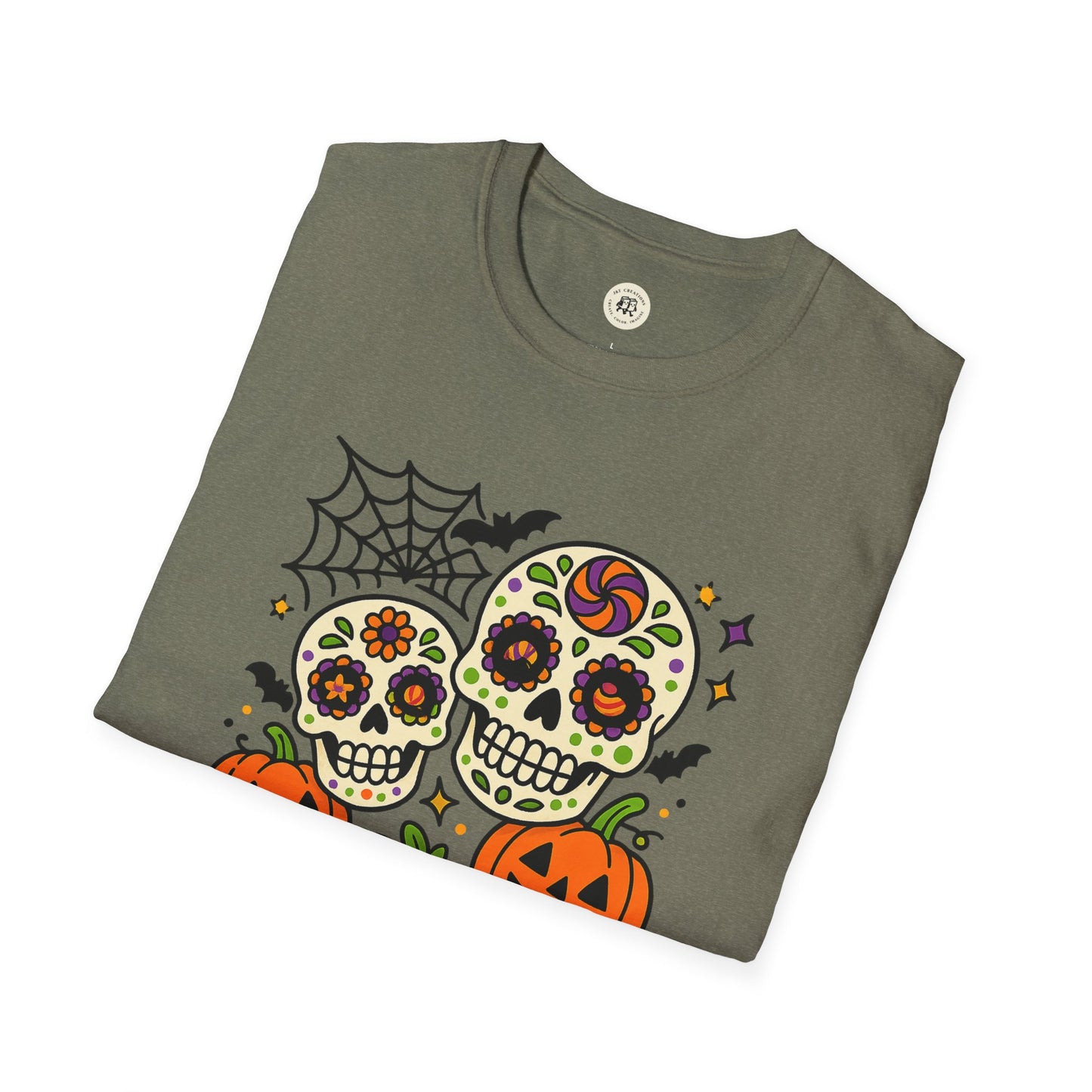 Printify folded olive green tee with colorful sugar skulls pumpkins bats and spiderweb boo-tiful soul halloween t-shirt