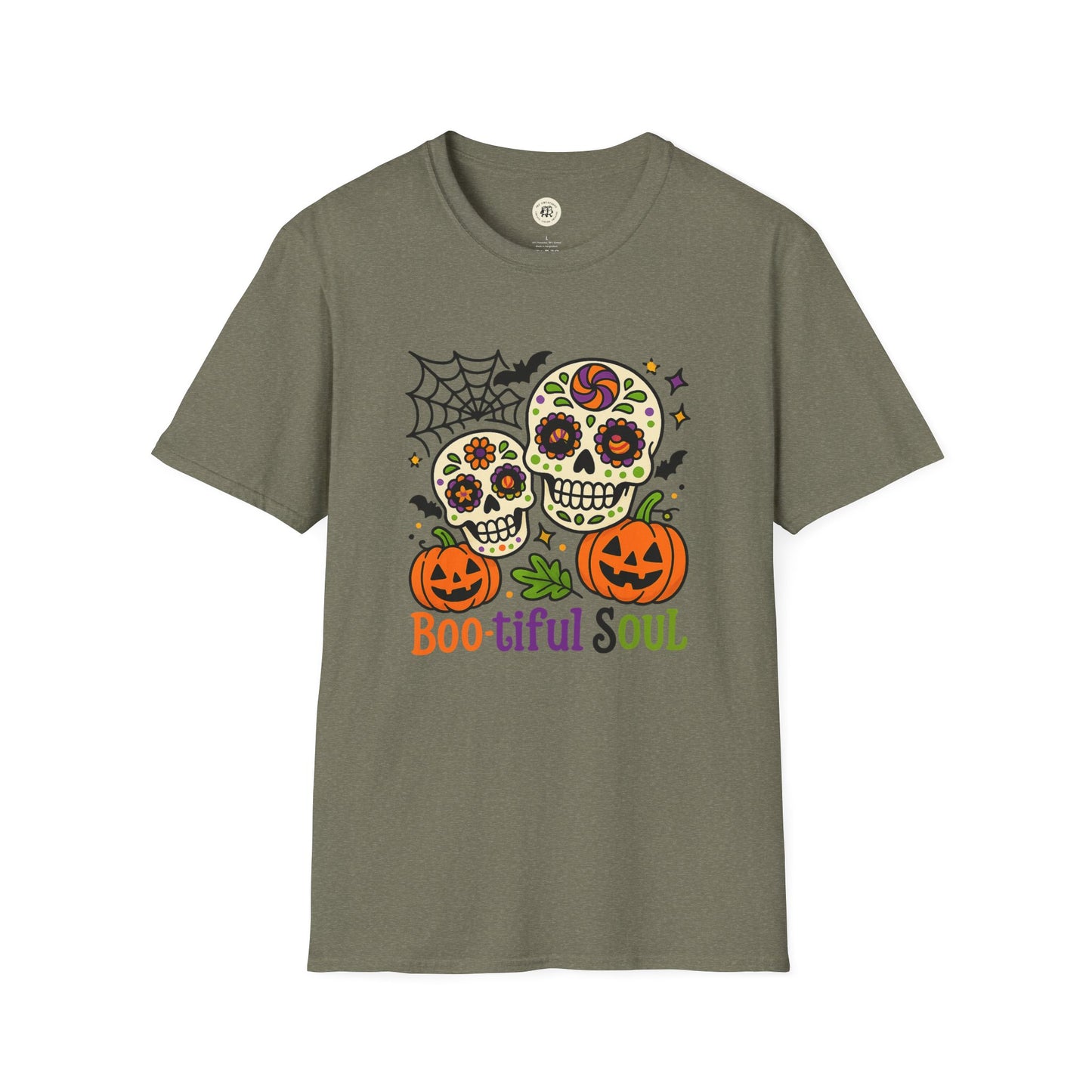Printify olive unisex t-shirt with colorful sugar skulls pumpkins and spiderweb boo-tiful soul halloween t-shirt design