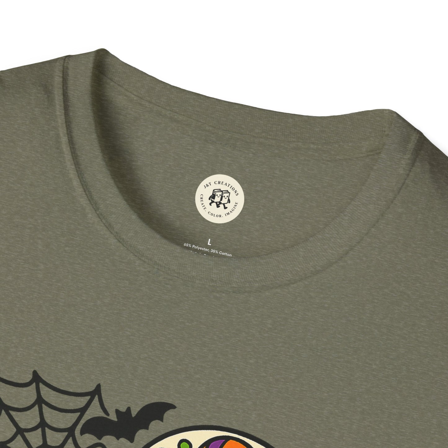 Olive green Printify crew neck tee with spiderweb bat graphic and text boo-tiful soul halloween t-shirt