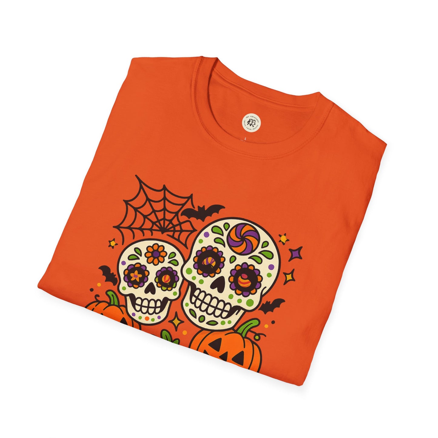 Orange Printify t-shirt with boo-tiful soul halloween t-shirt design featuring colorful sugar skulls pumpkins bats and spiderweb