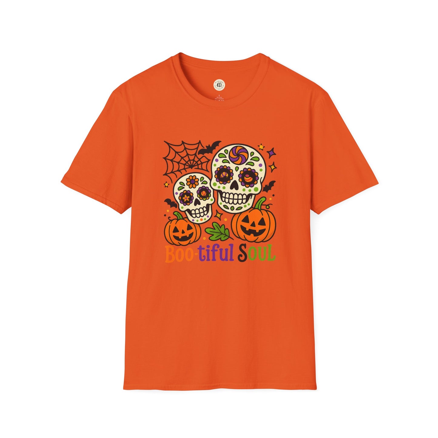 Printify orange Halloween t shirt with colorful sugar skulls pumpkins spiderweb and text boo-tiful soul halloween t-shirt