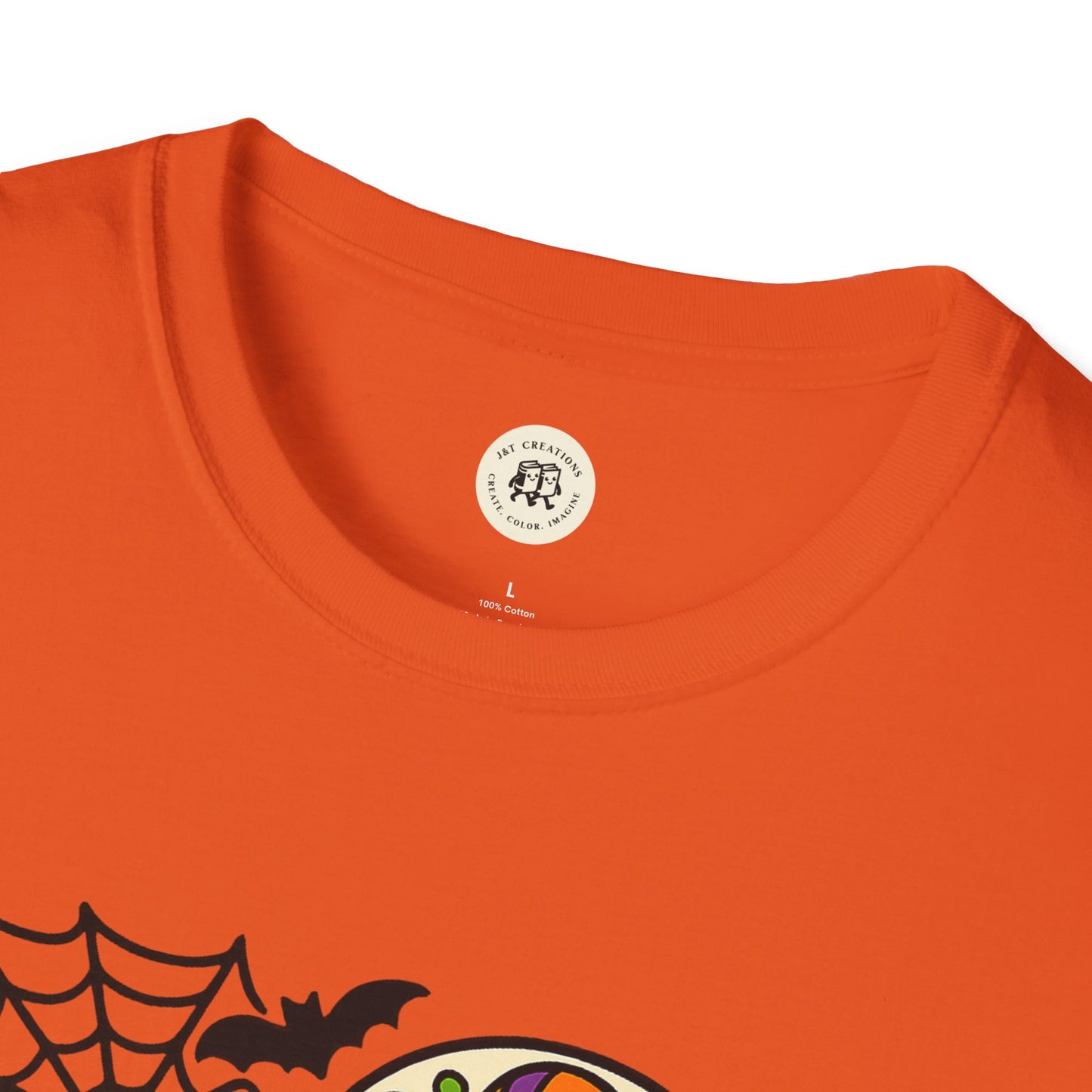Printify orange crewneck t-shirt with colorful Halloween graphic showing spiderweb and bat boo-tiful soul halloween t-shirt