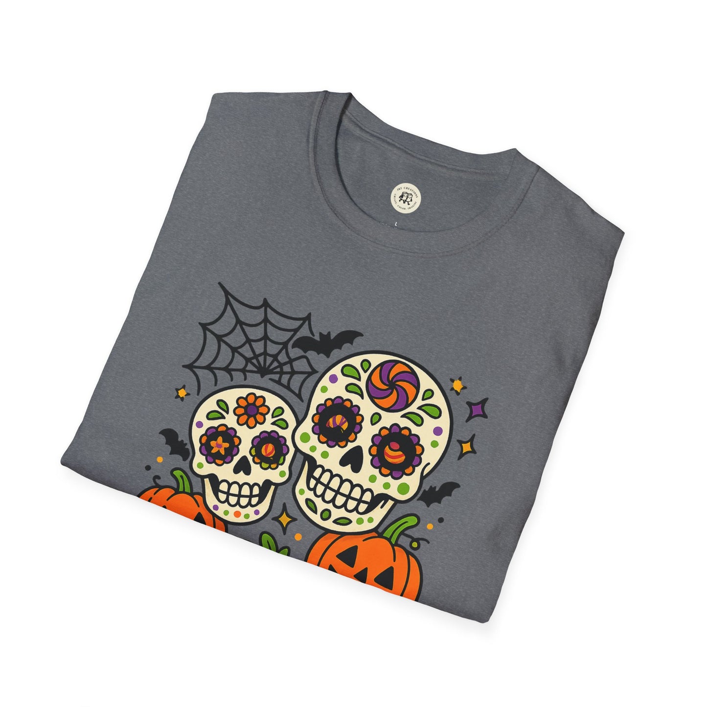 Printify gray tee with two colorful sugar skulls pumpkins spider web bats boo-tiful soul halloween t-shirt