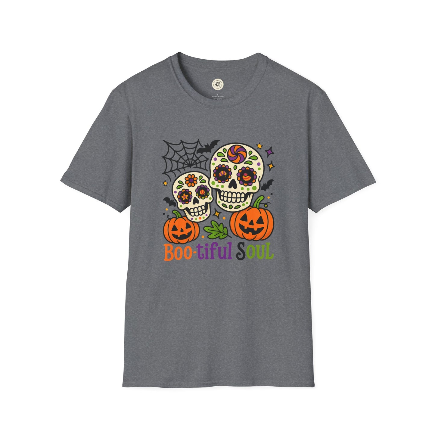 Printify gray crewneck T-shirt with colorful sugar skulls pumpkins and spider web featuring boo-tiful soul halloween t-shirt
