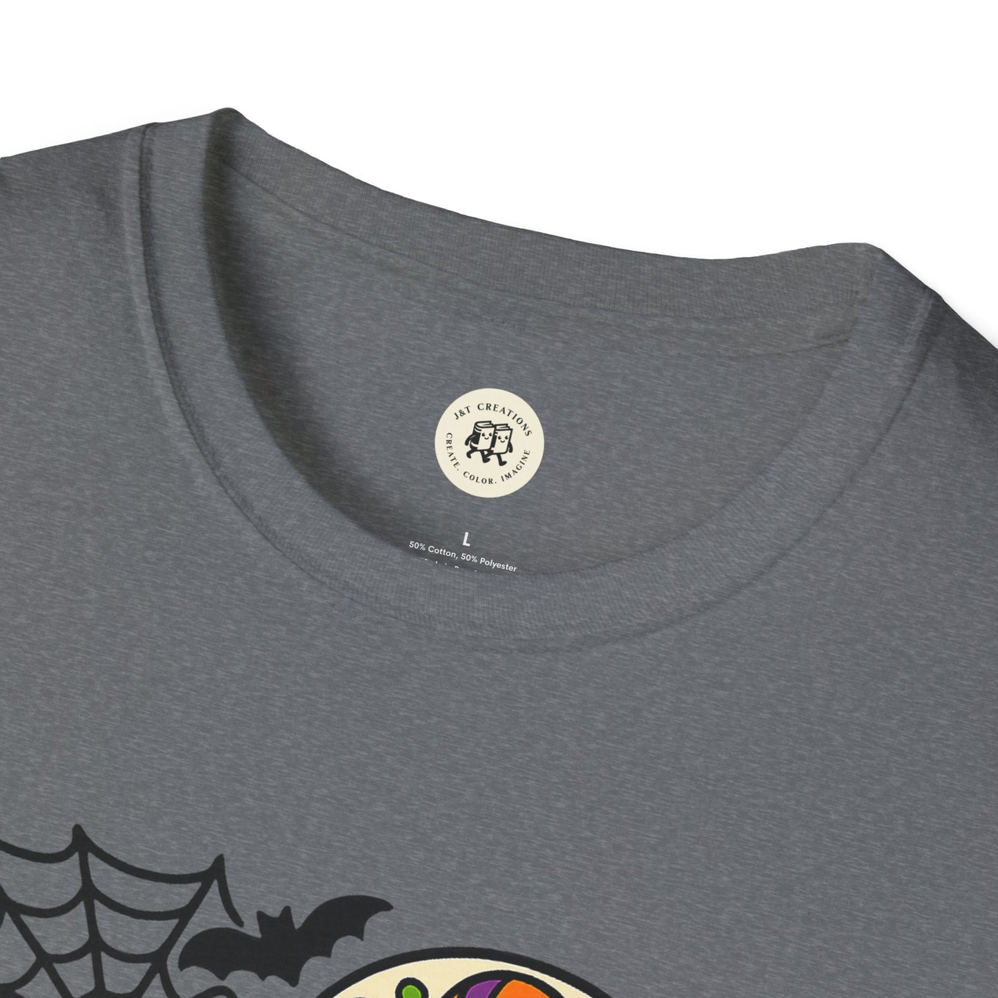 Printify grey crewneck T-shirt with boo-tiful soul halloween t-shirt colorful spider web and bat print