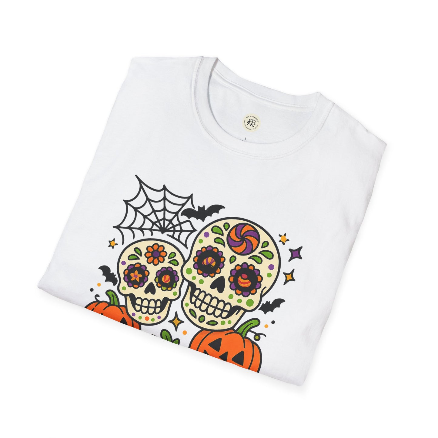 Printify white folded tshirt with colorful sugar skulls pumpkins bats and web boo-tiful soul halloween t-shirt design