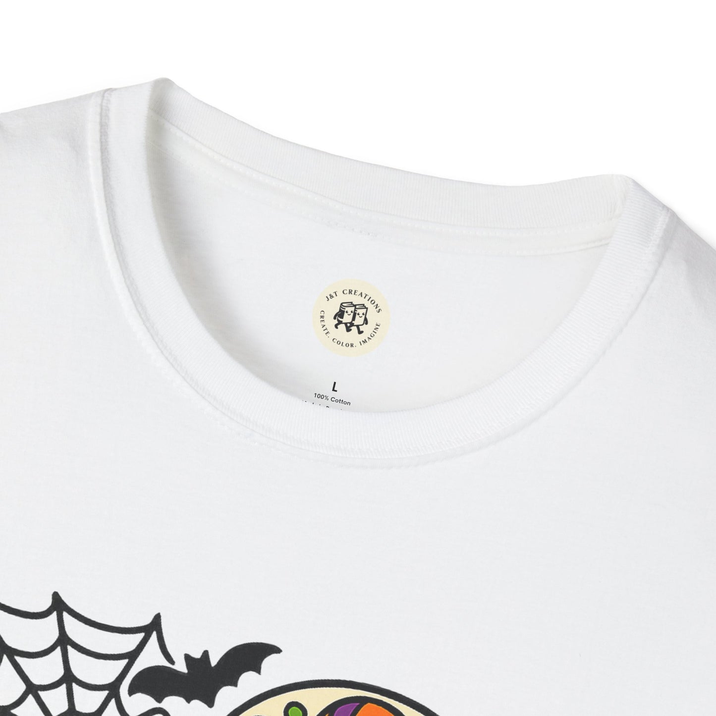 Printify white T shirt featuring boo-tiful soul halloween t-shirt graphic with spiderweb and bat near neckline