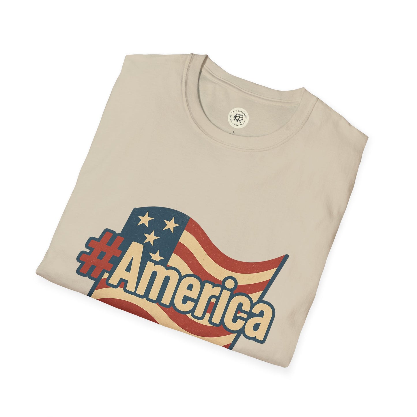 Printify Fourth of July America t-shirt beige with patriotic flag hashtag America design