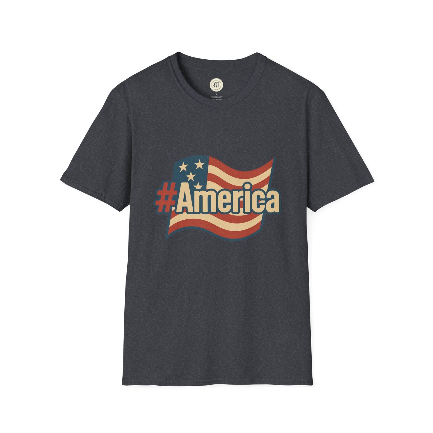 Printify black Fourth of July America t-shirt with vintage American flag and hashtag America graphic
