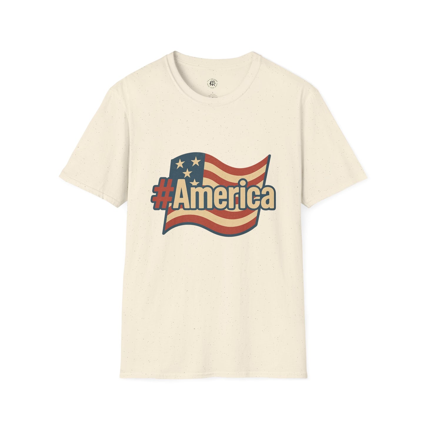 Printify Fourth of July America t-shirt with vintage American flag and hashtag America design