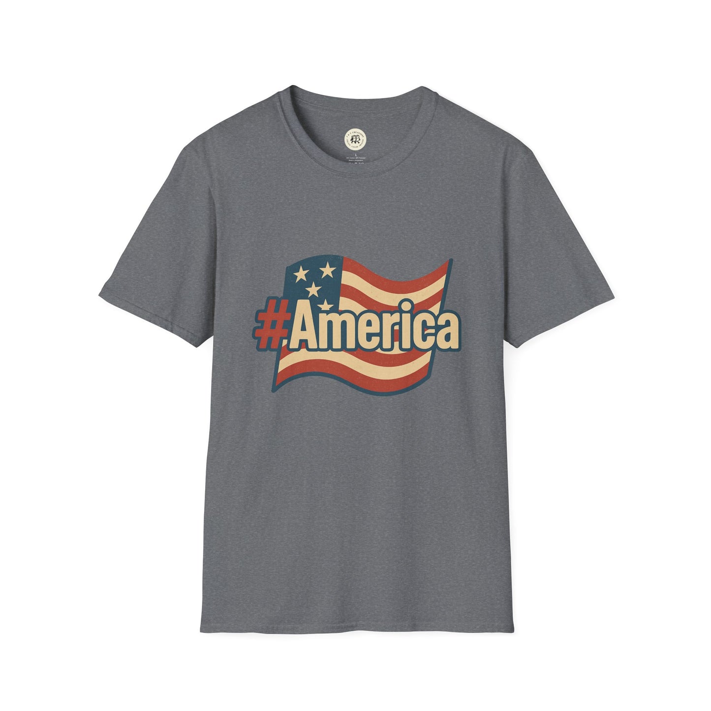 Printify Fourth of July America t-shirt in gray with vintage American flag and hashtag America design