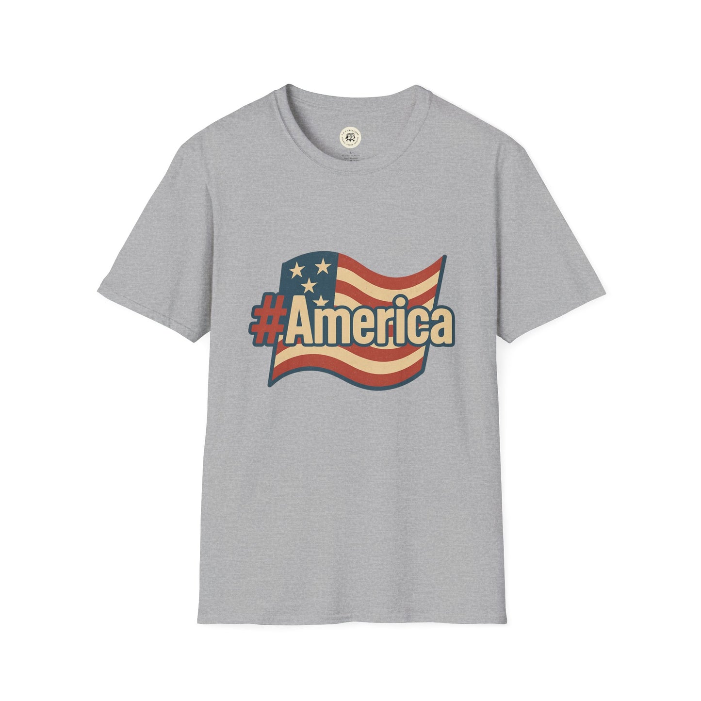 Gray Printify Fourth of July America t-shirt with vintage American flag and hashtag America design