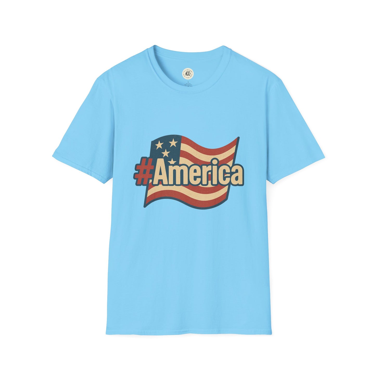 Light blue Fourth of July America t-shirt with vintage American flag and hashtag America graphic