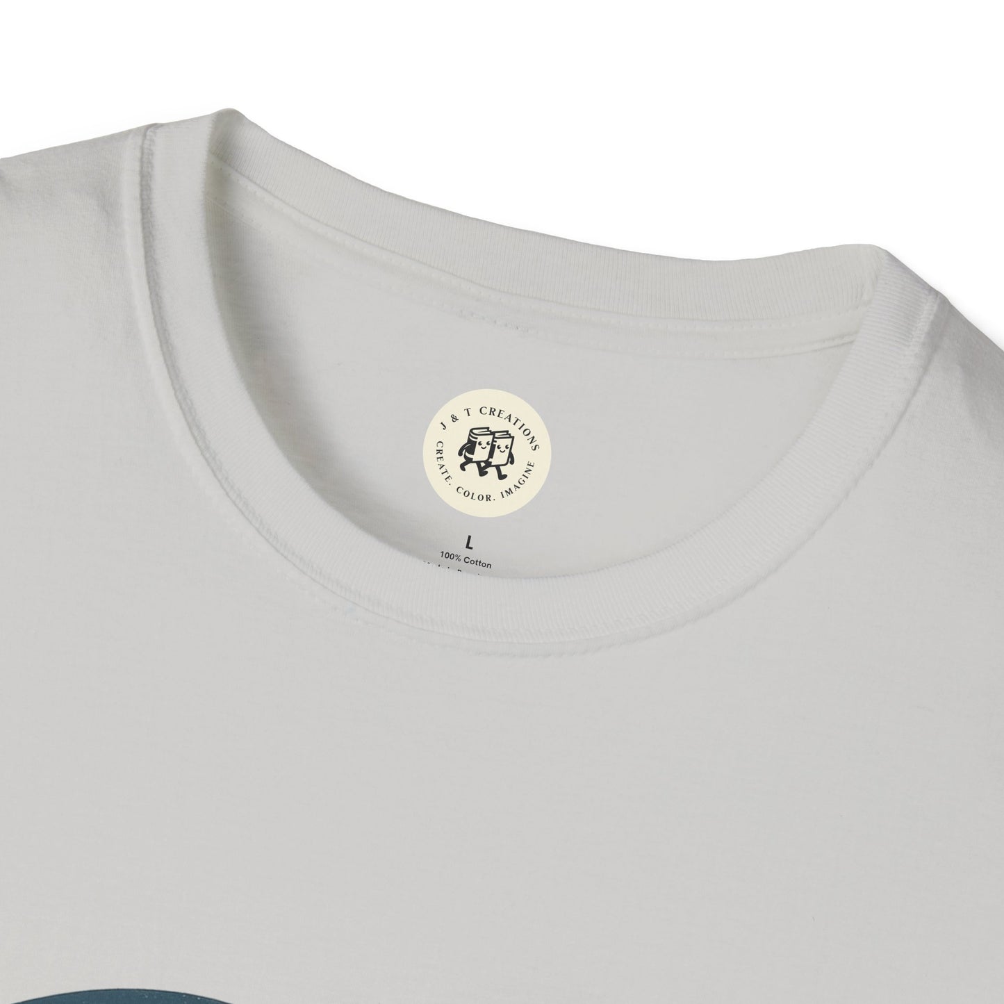 Close-up of white Printify Fourth of July America t-shirt collar and neck seam