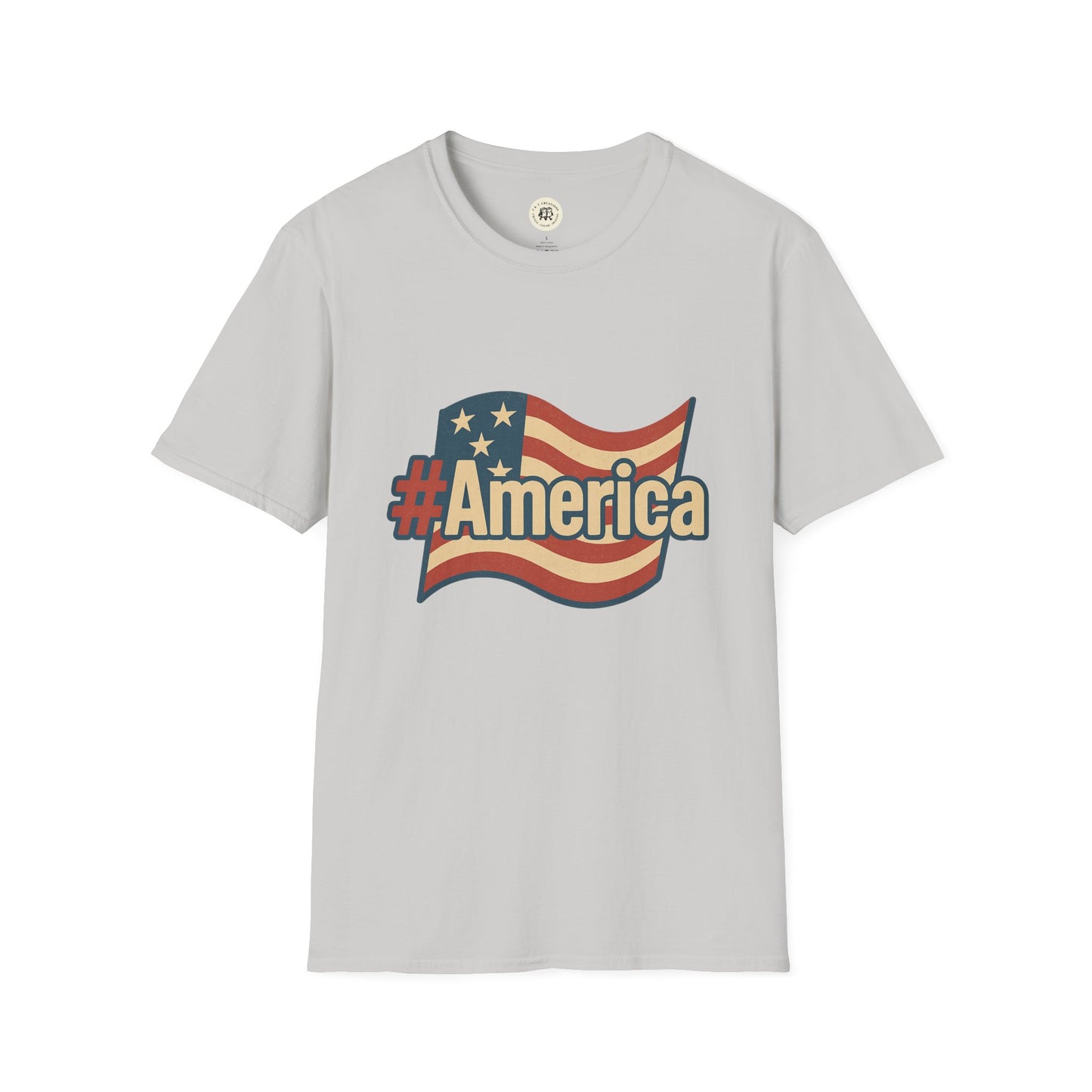 Printify gray Fourth of July America t-shirt with vintage American flag and hashtag America design