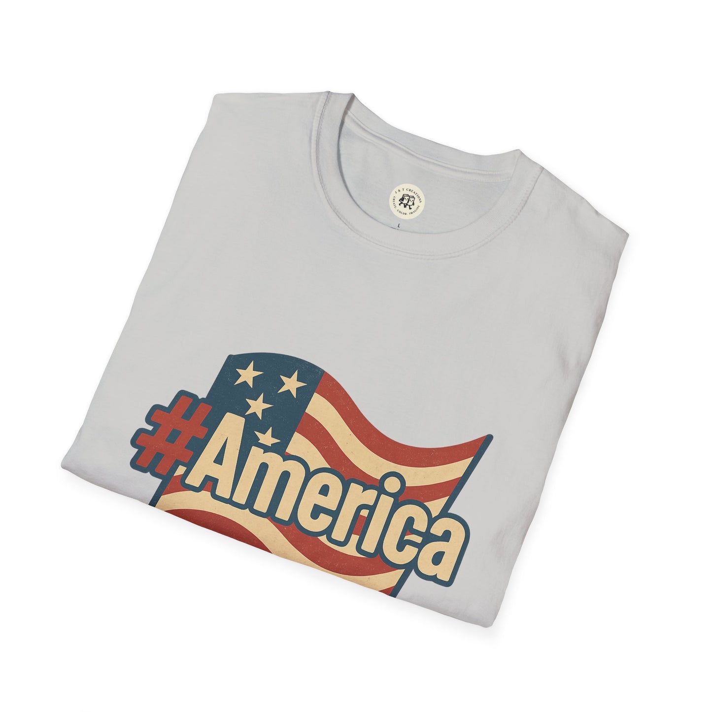 Printify Fourth of July America t-shirt with vintage American flag and hashtag America