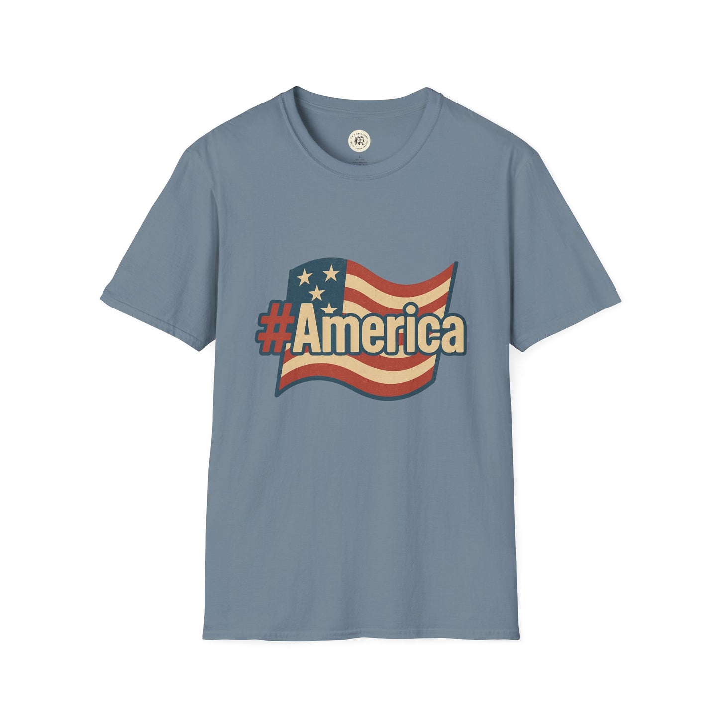 Printify Fourth of July America t-shirt with vintage American flag and hashtag America graphic on blue tee