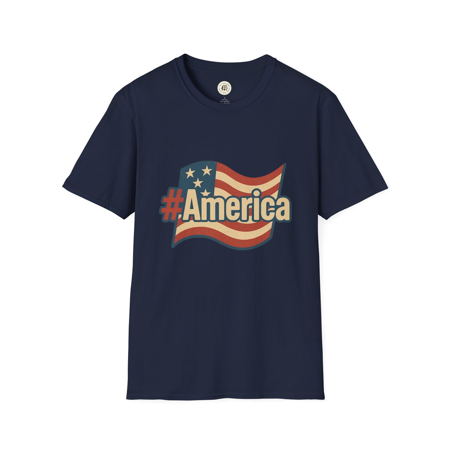 Navy Printify Fourth of July America t-shirt with vintage American flag and hashtag America design