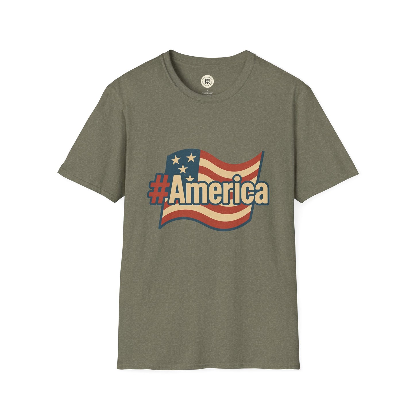 Printify Fourth of July America t-shirt with waving flag and hashtag America design in vintage style