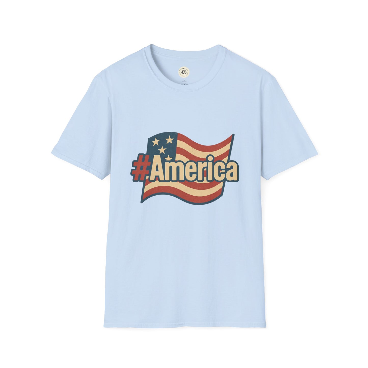 Light blue Printify T-shirt with American flag and hashtag America graphic Fourth of July America t-shirt