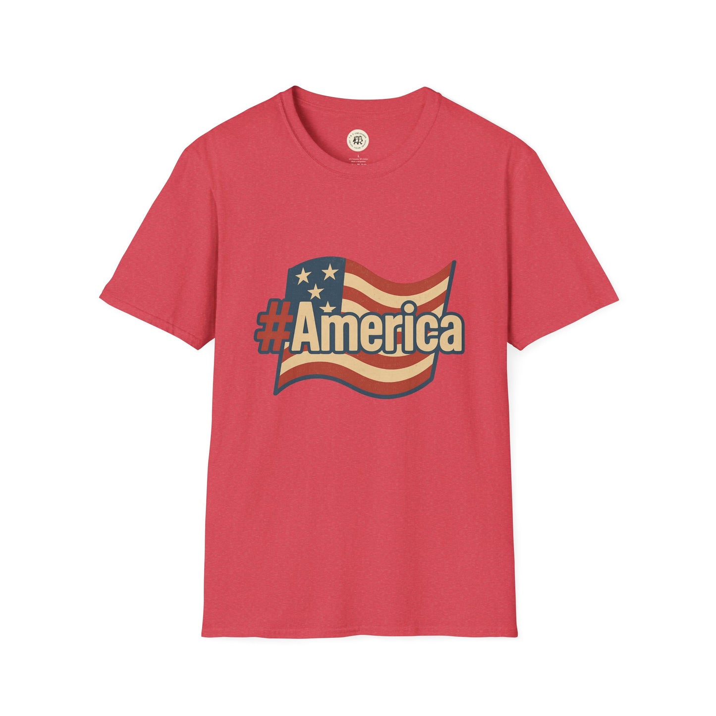 Red Printify Fourth of July America t-shirt with vintage American flag and hashtag America graphic