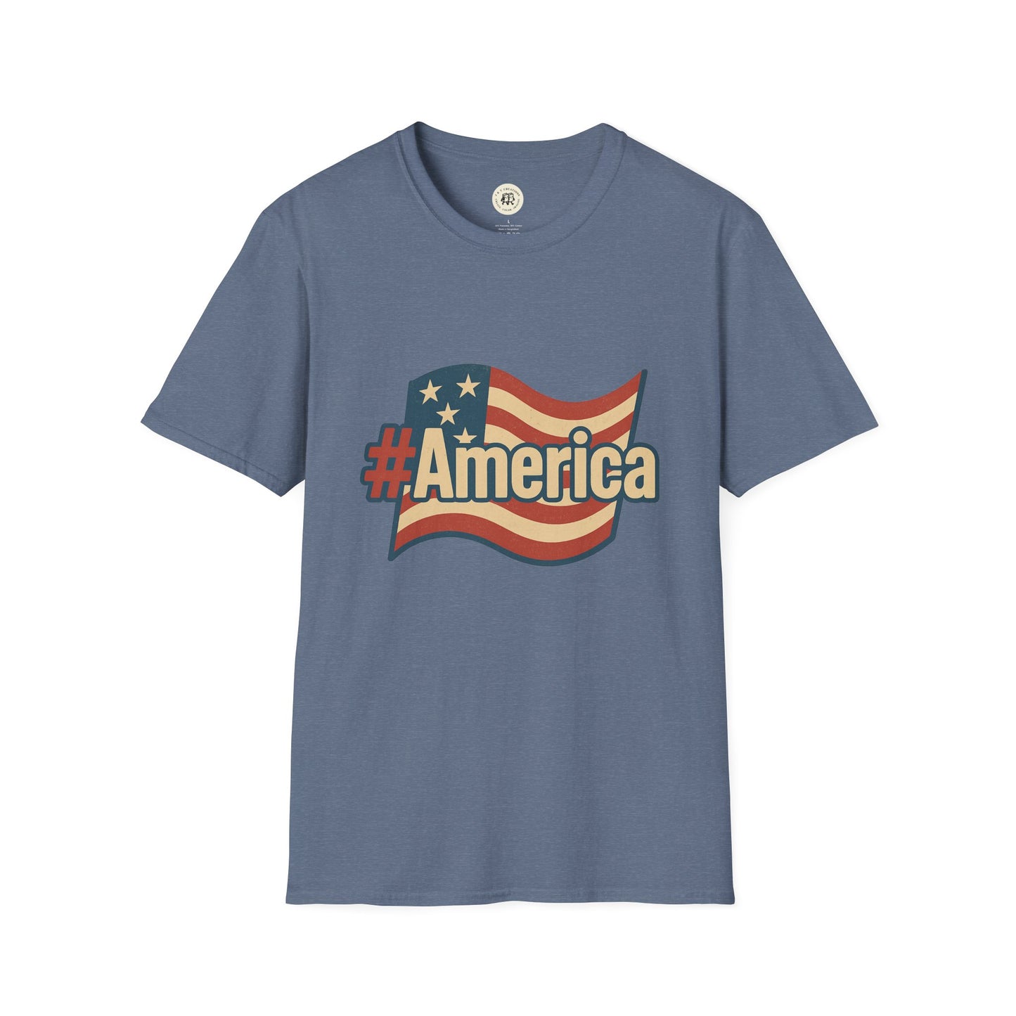 Printify blue T-shirt with American flag and #America text Fourth of July America t-shirt