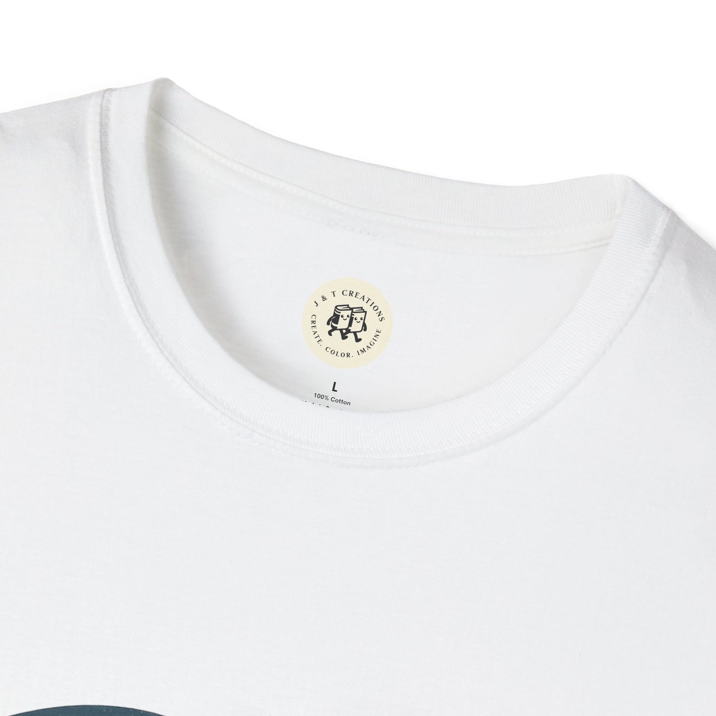 Close up of white Printify Fourth of July America t-shirt with round neckline and tag detail