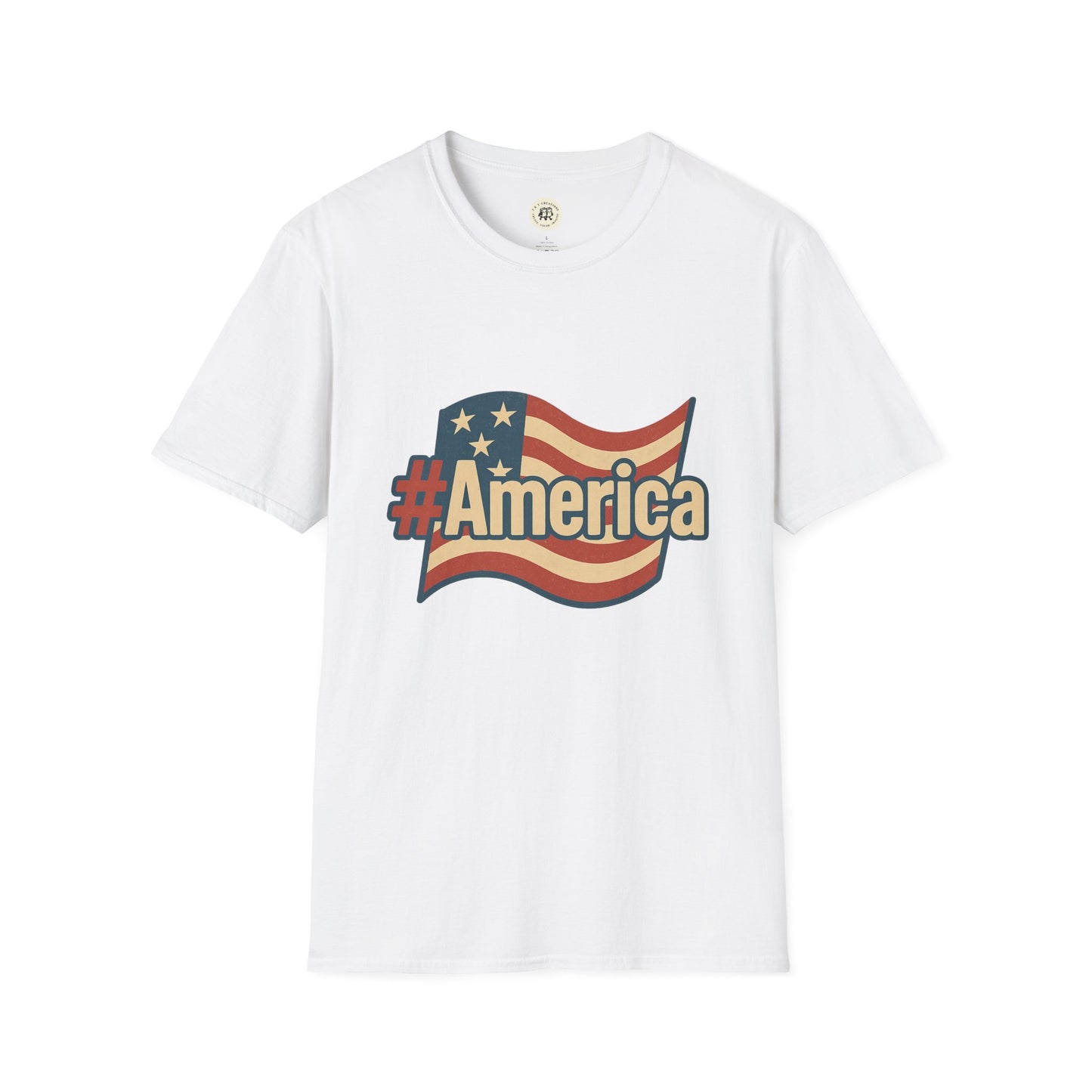 White Printify Fourth of July America t-shirt with hashtag America and American flag design