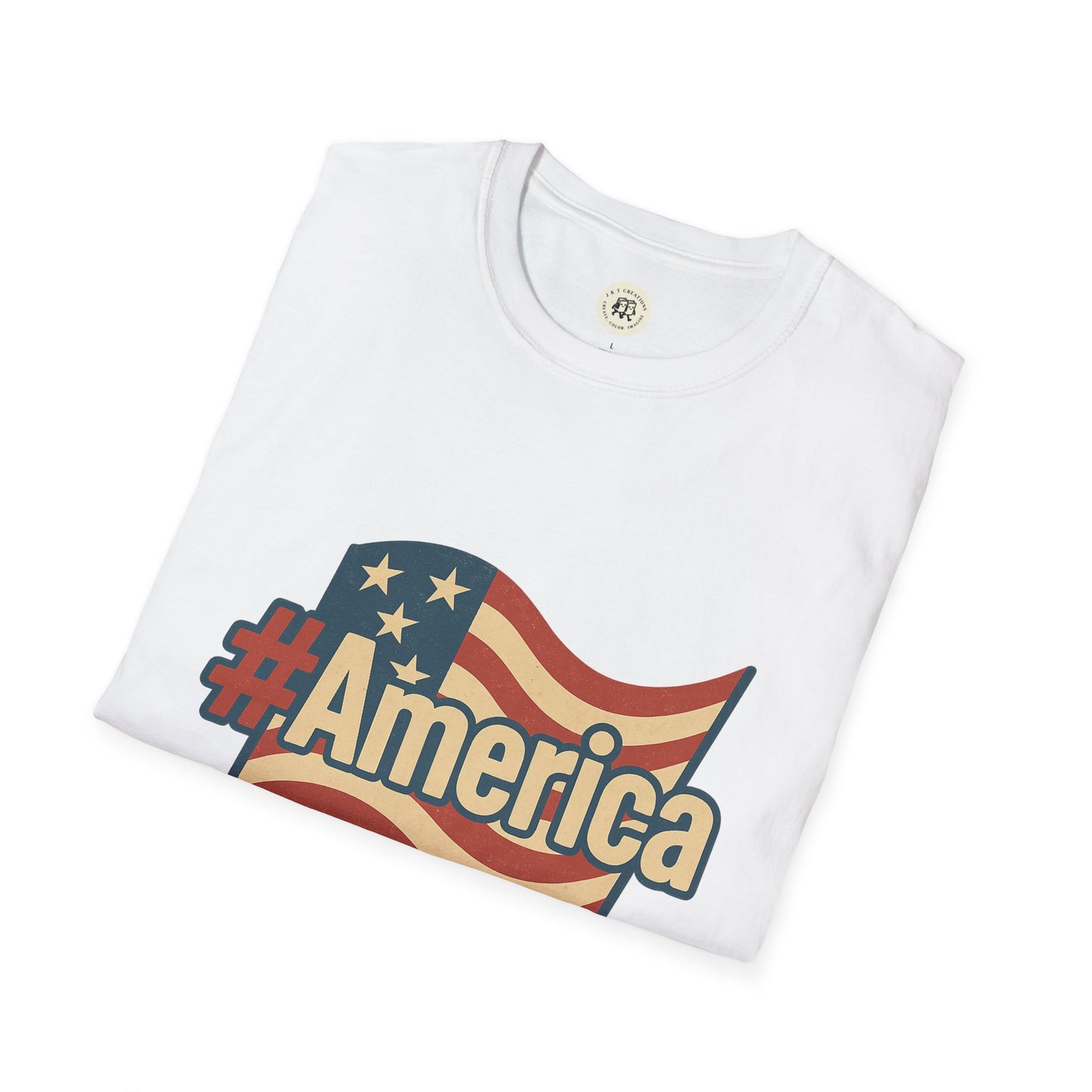 White Printify Fourth of July America t-shirt with vintage American flag and hashtag design
