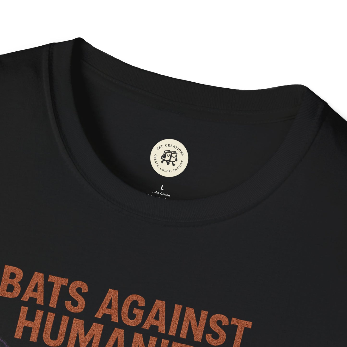 Black bats against humanity t-shirt with brown bold text printed on cotton fabric