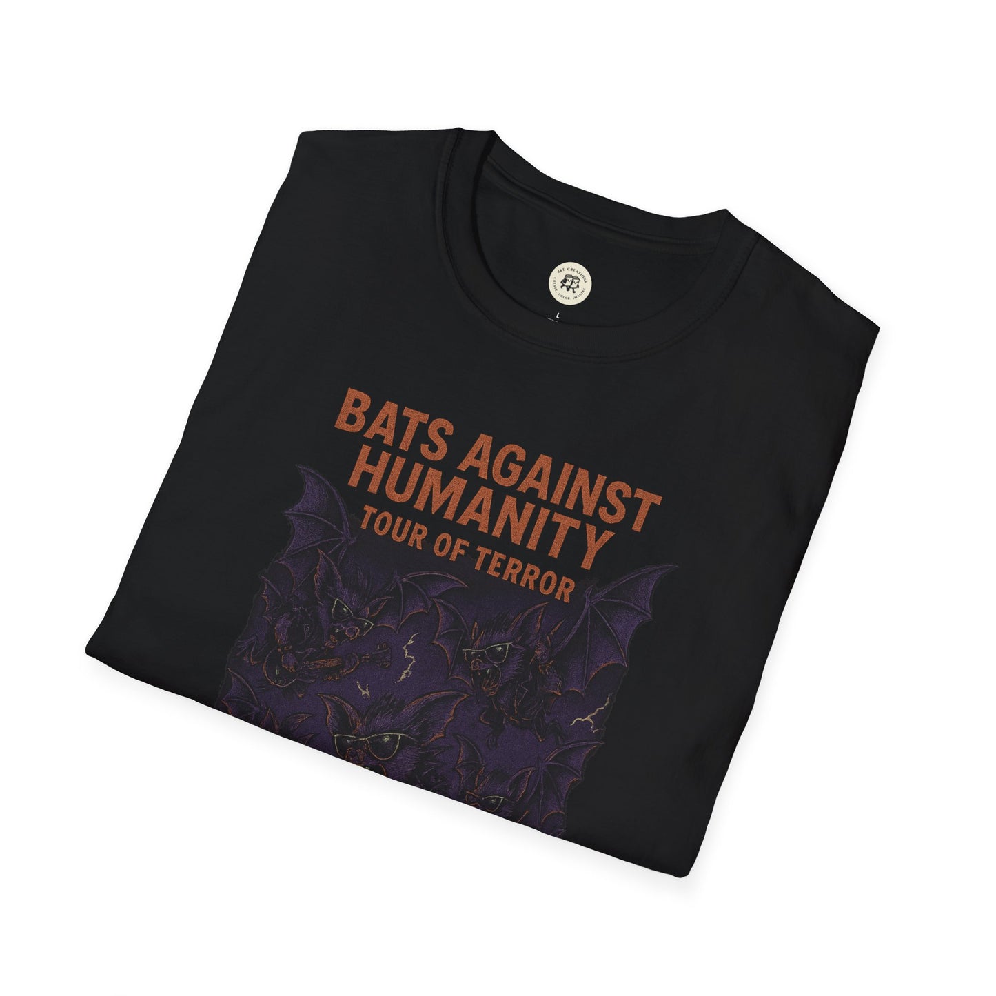 Black bats against humanity t-shirt with orange text and bat graphic tour of terror design