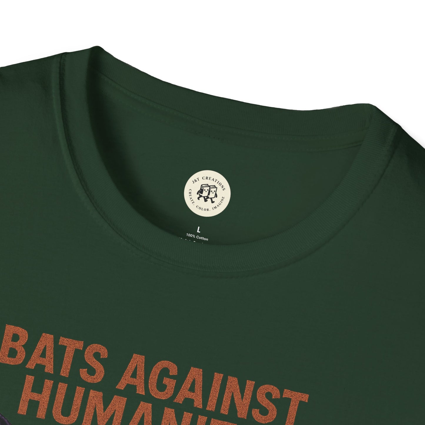Close-up of Printify dark green bats against humanity t-shirt with bold orange text