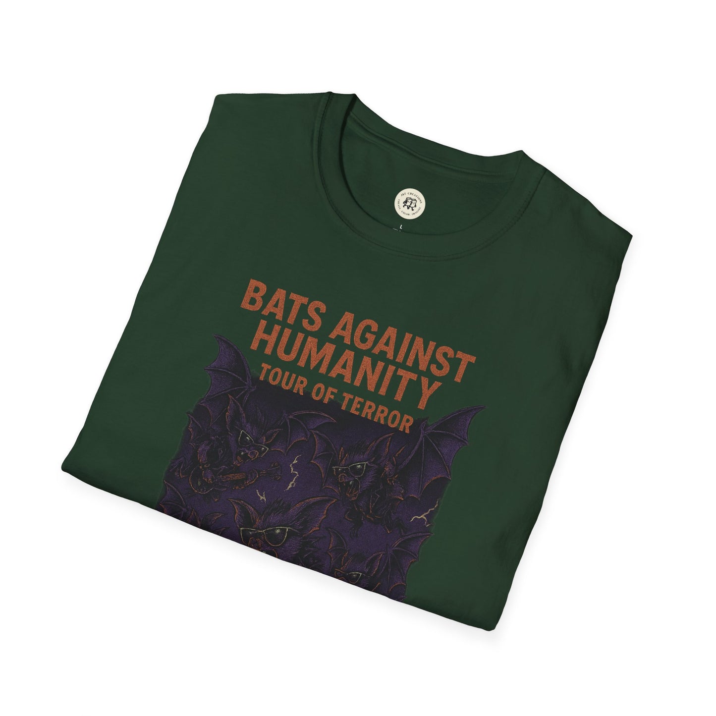 Green bats against humanity t-shirt with tour of terror graphic and bat illustrations