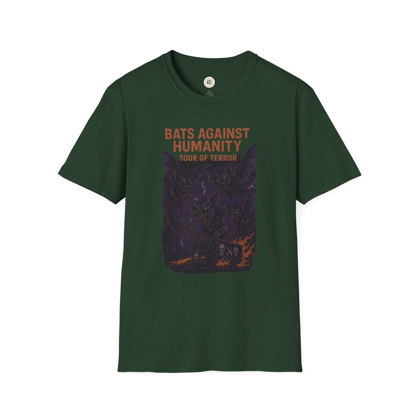 Green bats against humanity t-shirt with horror-themed graphic and Tour of Terror text