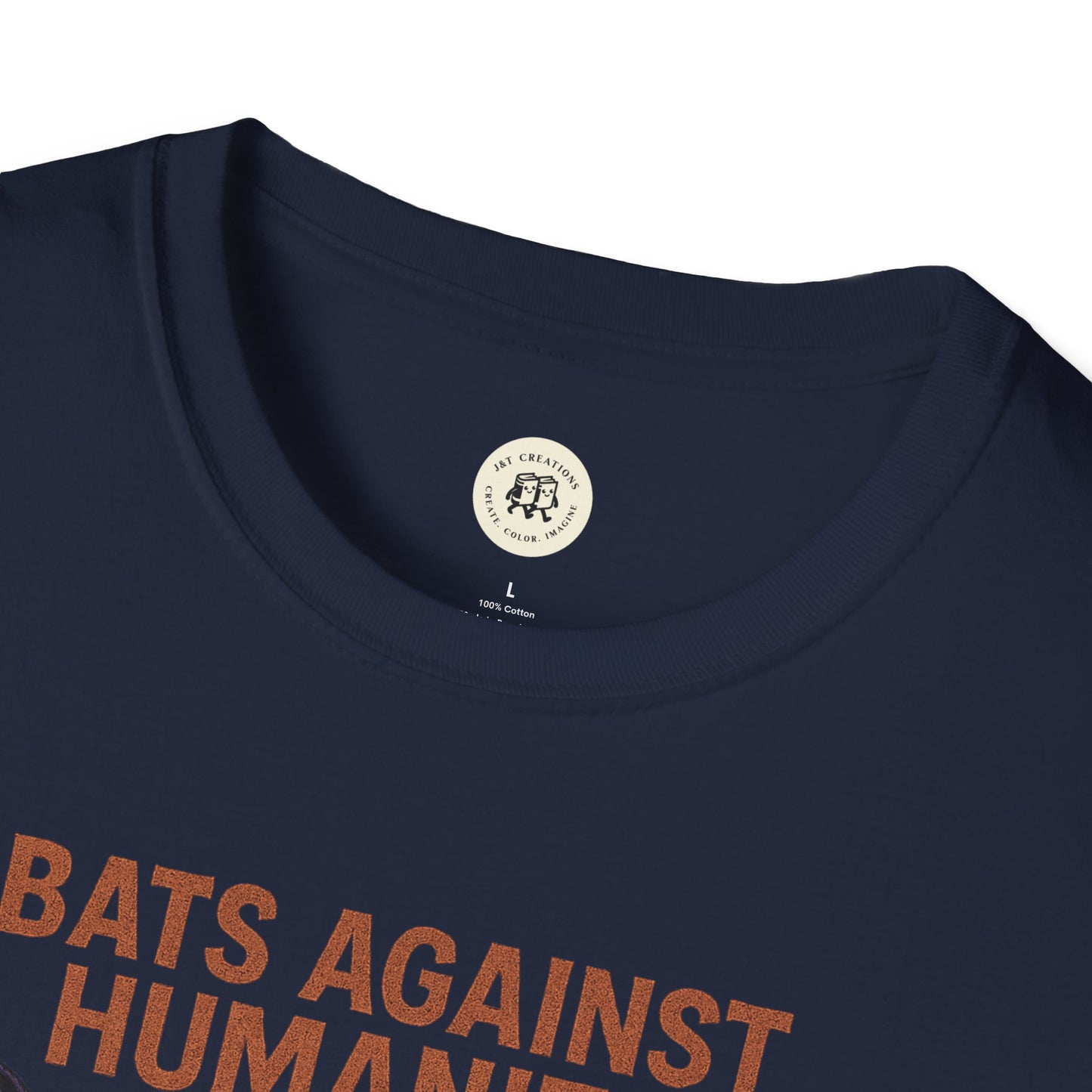 Close-up of navy blue bats against humanity t-shirt by Printify with round neckline and bold brown text