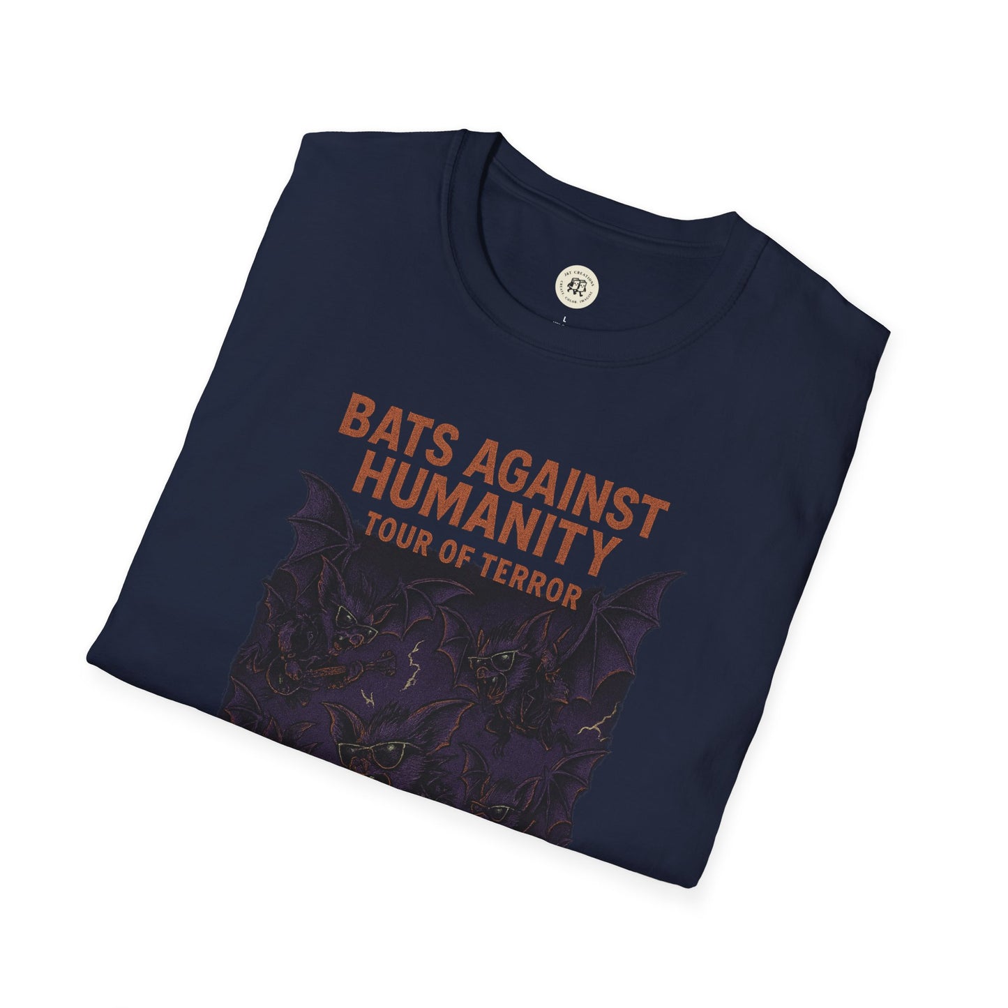 Navy Printify bats against humanity t-shirt with horror-themed bat graphic and tour of terror text