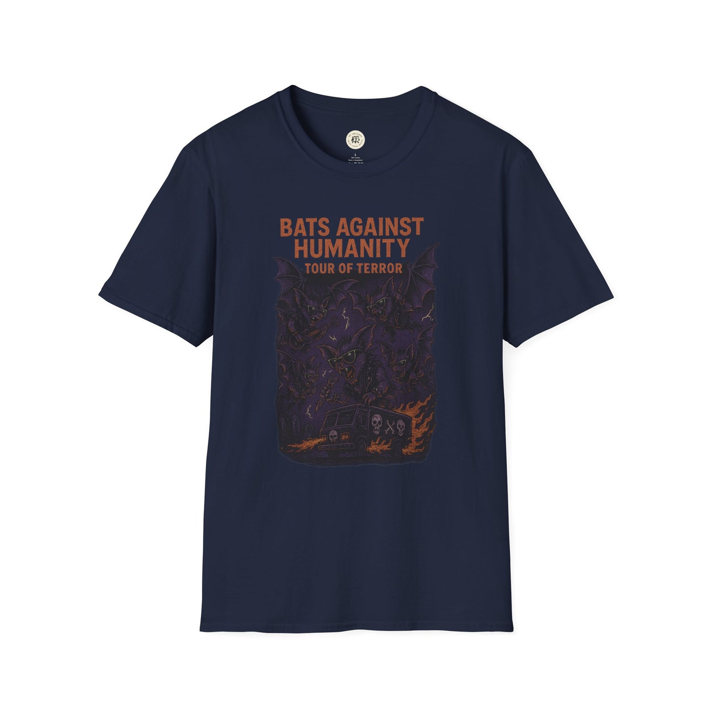Navy blue bats against humanity t-shirt with horror-themed graphic and tour of terror text