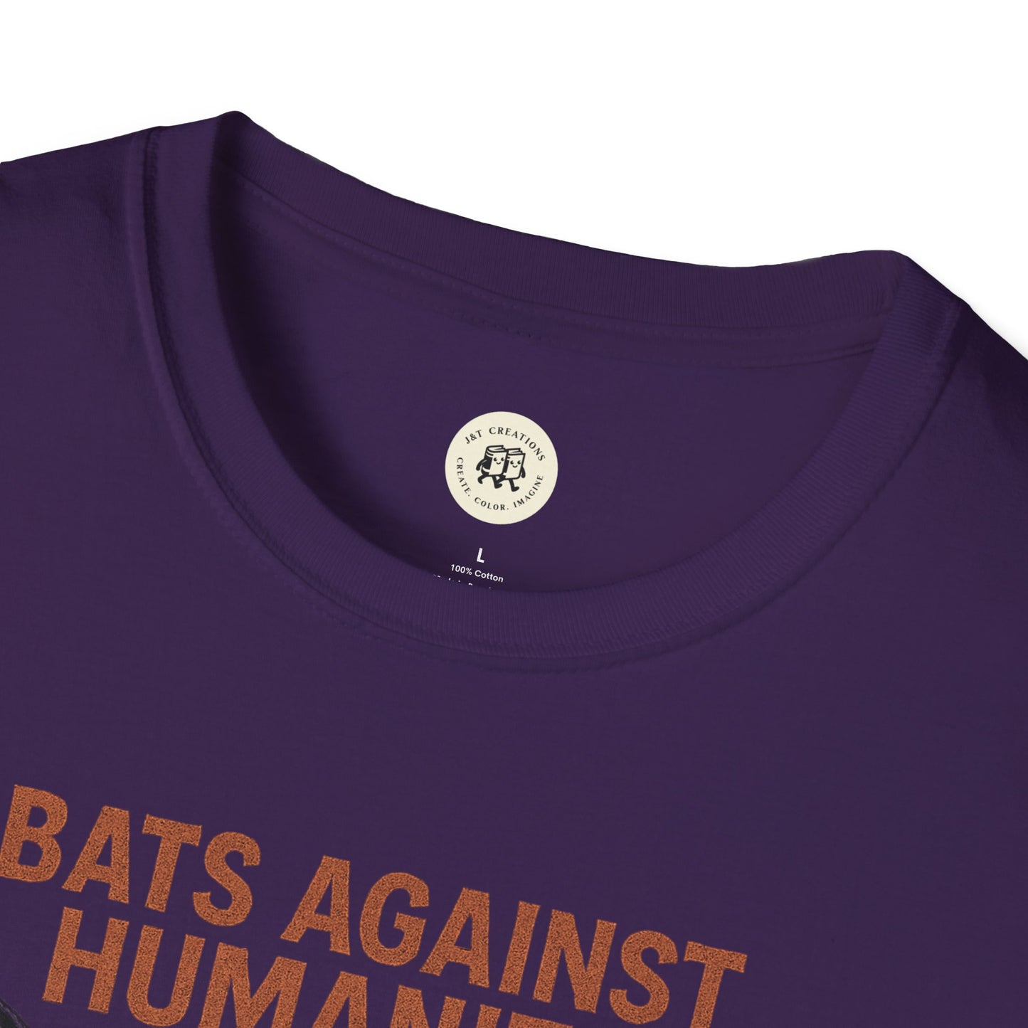 Close-up of purple Printify bats against humanity t-shirt with brown text and round neckline