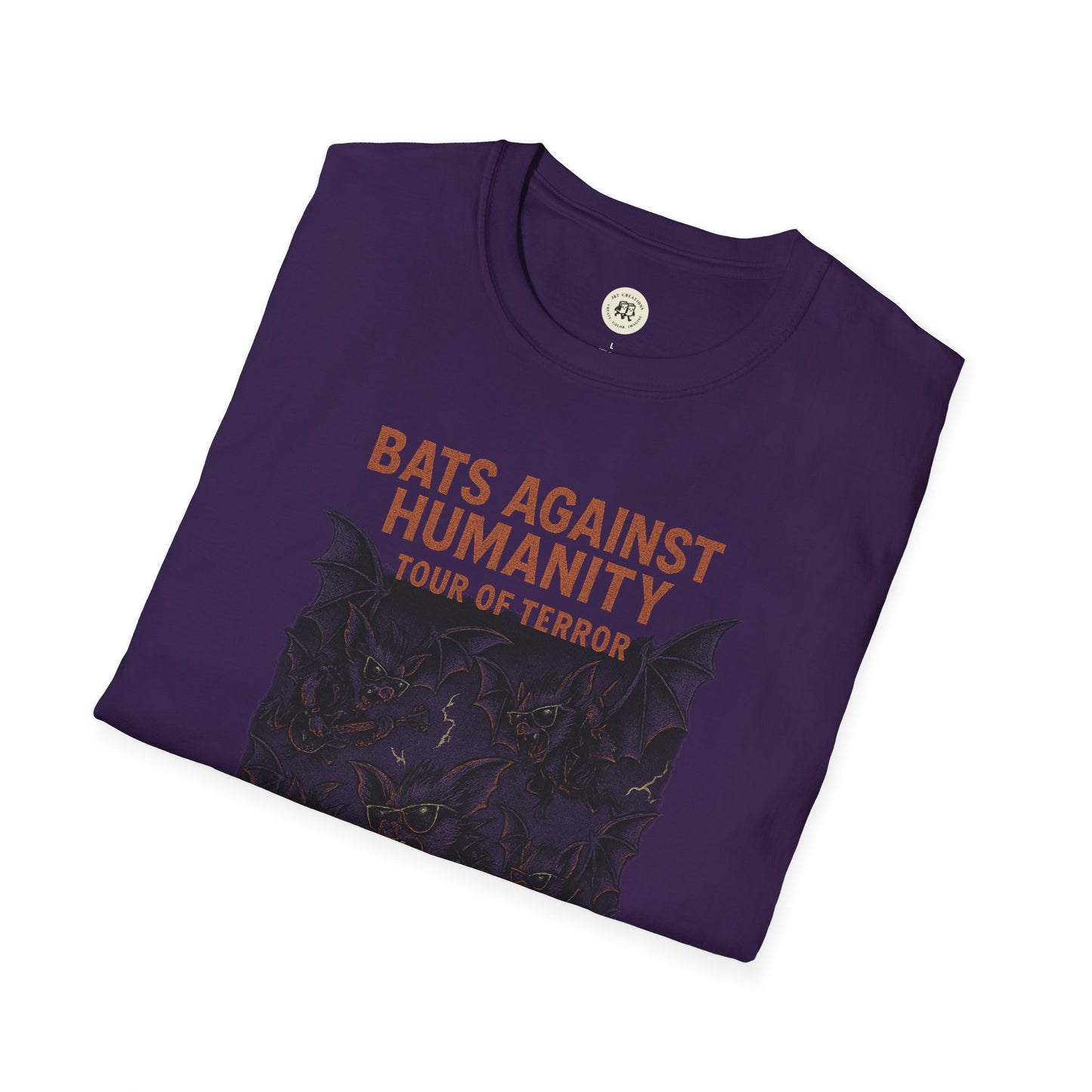 Purple Printify bats against humanity t-shirt with bat graphic and tour of terror text