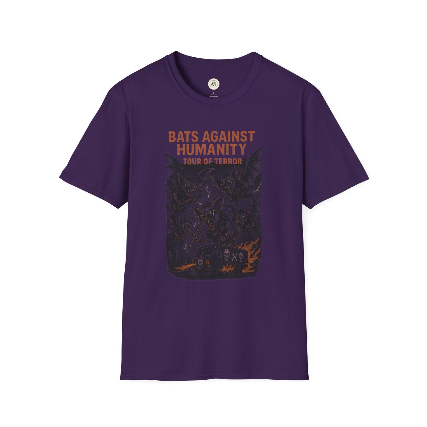 Purple bats against humanity t-shirt with spooky tour of terror graphic and Printify label