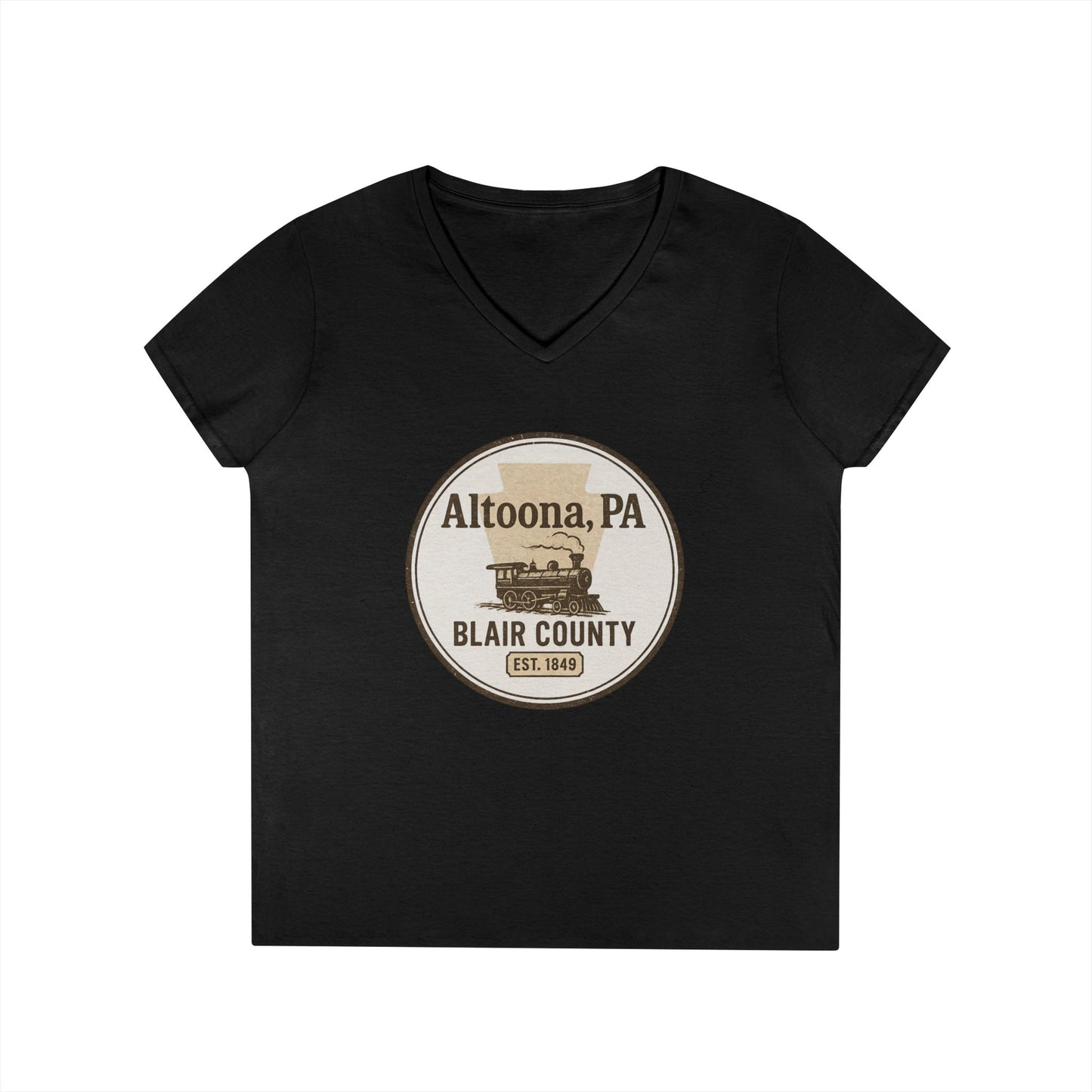 Black V-neck Blair County Altoona PA t-shirt with vintage train graphic and established 1849 text