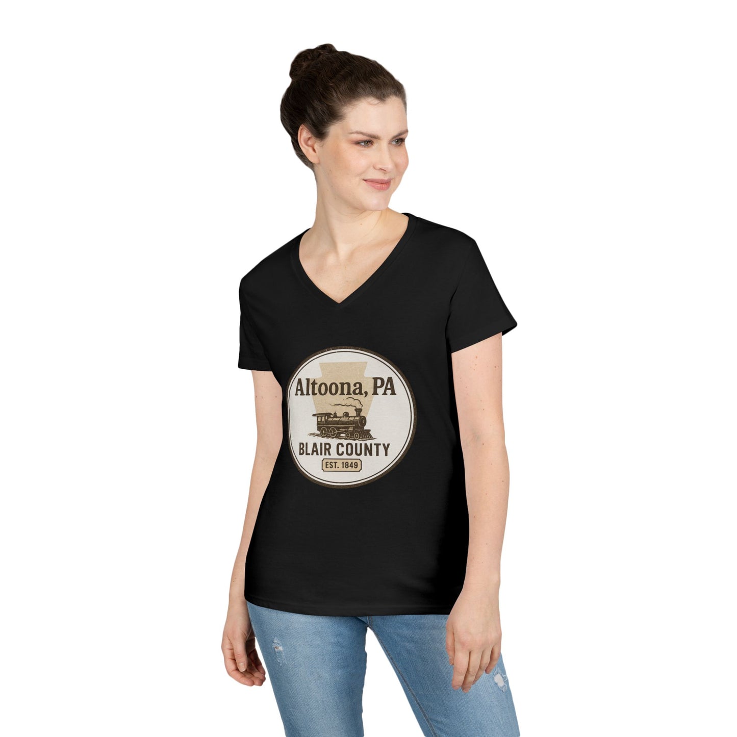 Black V-neck Blair County Altoona PA t-shirt with vintage train design worn by woman