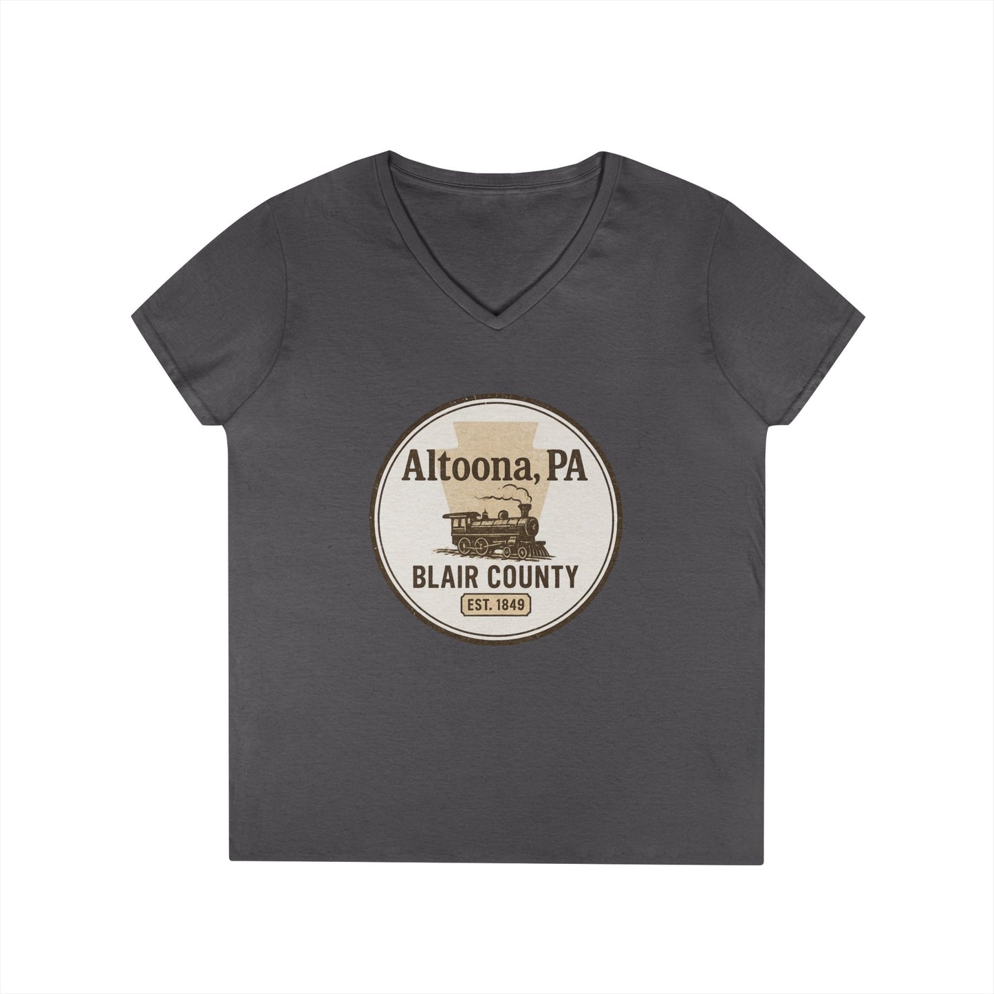 Printify V-neck Blair County Altoona PA t-shirt in dark gray with vintage train graphic design